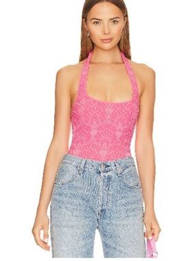 Free People Pink Lace Halter Bodysuit